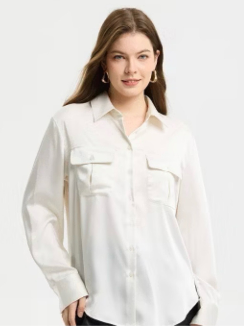 Express sz S silk feel shine white Classic Cream Button-Front Women's Shirt